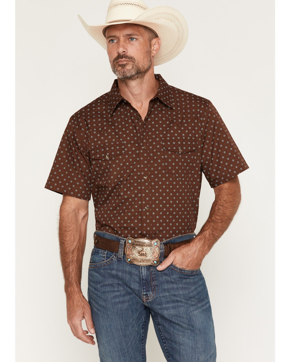 Image #1 - Gibson Trading Co Men's Gamer Geo Print Short Sleeve Snap Western Shirt, Brown, hi-res