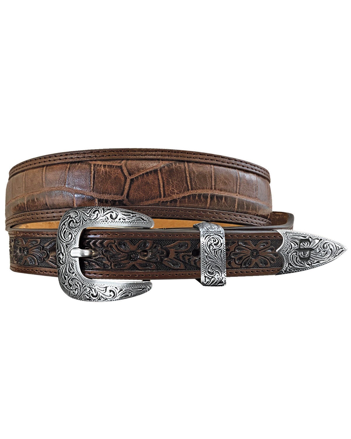 Stetson Men's Crocodile Print Tooled Leather Belt, Brown, hi-res