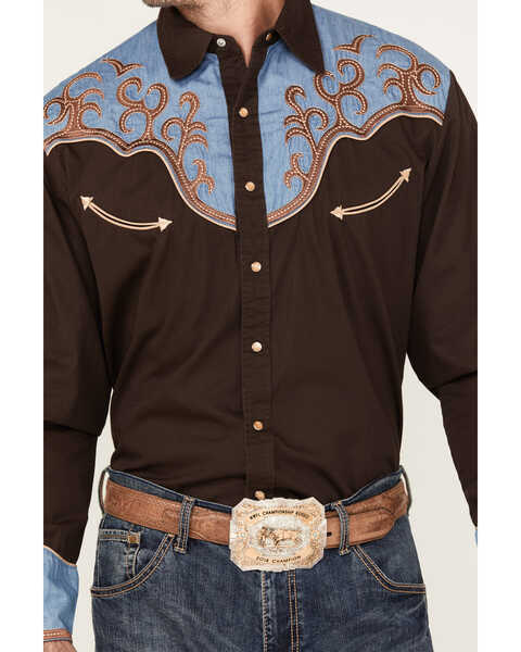 Image #3 - Scully Men's Two Tone Long Sleeve Pearl Snap Western Shirt, Brown, hi-res