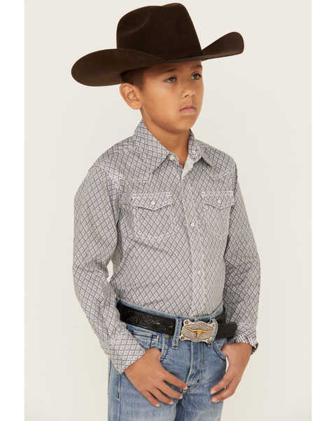 Image #2 - Wrangler Boys' 20X Advanced Comfort Geo Print Long Sleeve Snap Western Shirt, Grey, hi-res