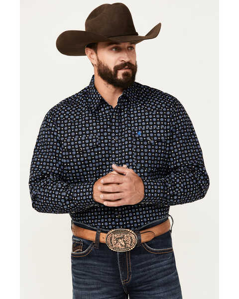 Rodeo Clothing Men's Geo Print Long Sleeve Snap Western Shirt, Black, hi-res