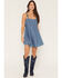 Image #1 - Rock & Roll Denim Women's Sleeveless Buckle Denim Mini Dress, Medium Wash, hi-res