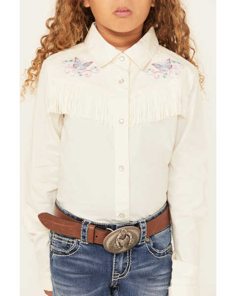 Image #3 - Shyanne Girls' Embroidered Long Sleeve Pearl Snap Stretch Western Fringe Shirt , Ivory, hi-res