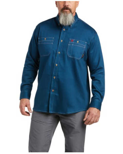 Ariat Men's FR Solid Long Sleeve Button Down Work Shirt - Tall , Teal, hi-res