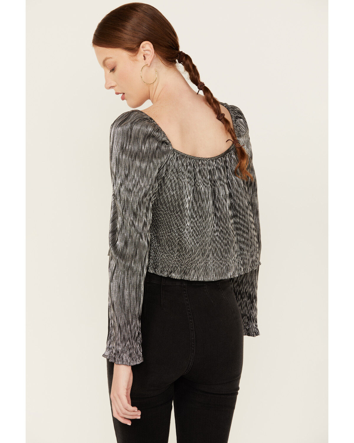 Image #4 - Jen's Pirate Booty Women's Jade Long Sleeve Metallic Pleated Top, Silver, hi-res