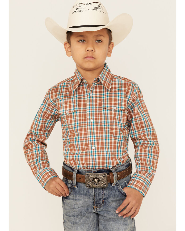Wrangler Boys' Plaid Print Long Sleeve Western Shirt , Brown, hi-res