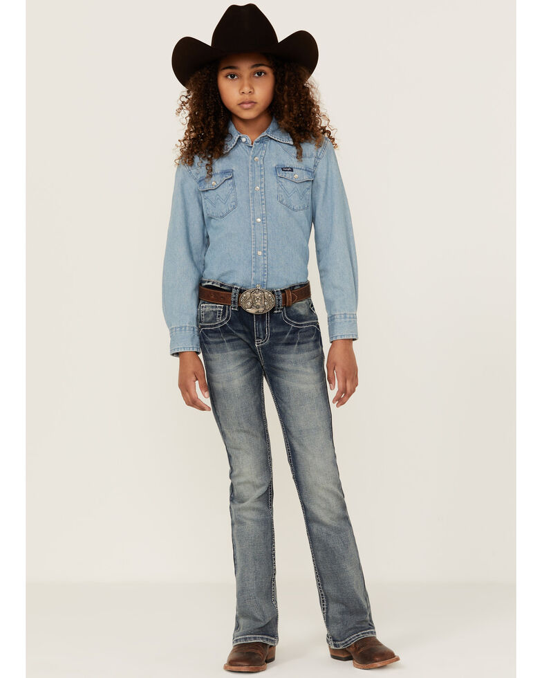 Shyanne Girls' Medium Wash Geo Embroidered Pocket Bootcut Jeans, Blue, hi-res