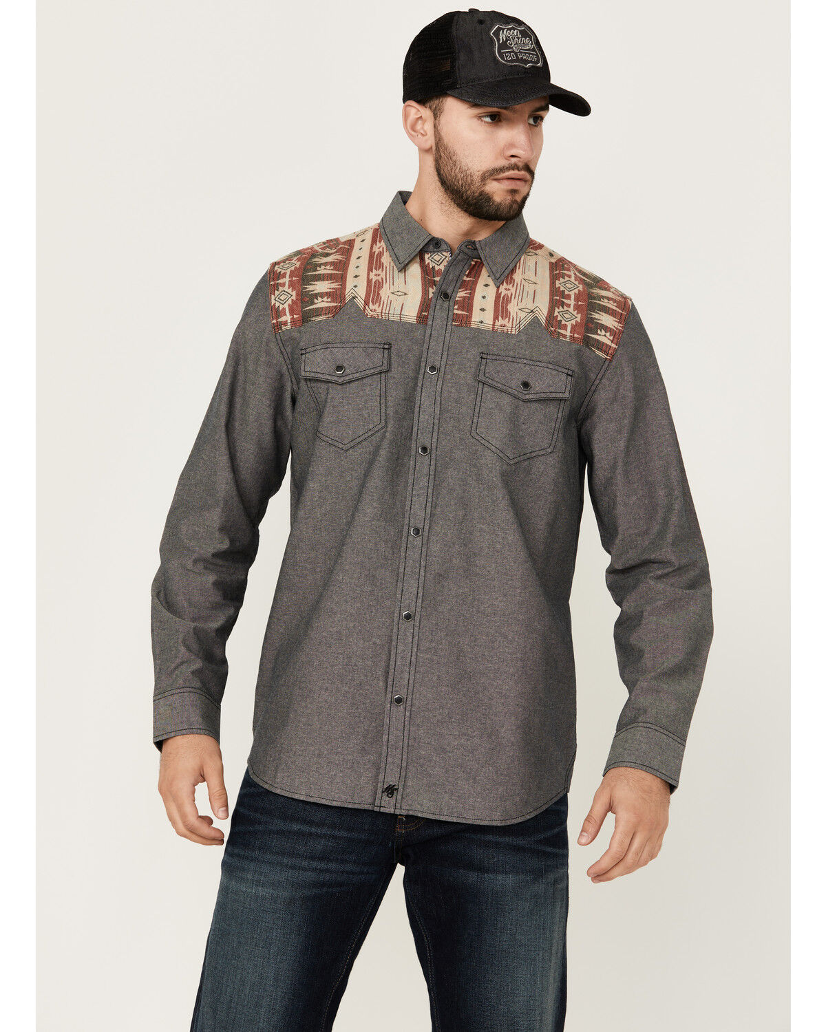 Image #1 - Moonshine Spirit Men's Highway Southwestern Yoke Long Sleeve Snap Western Shirt, Navy, hi-res