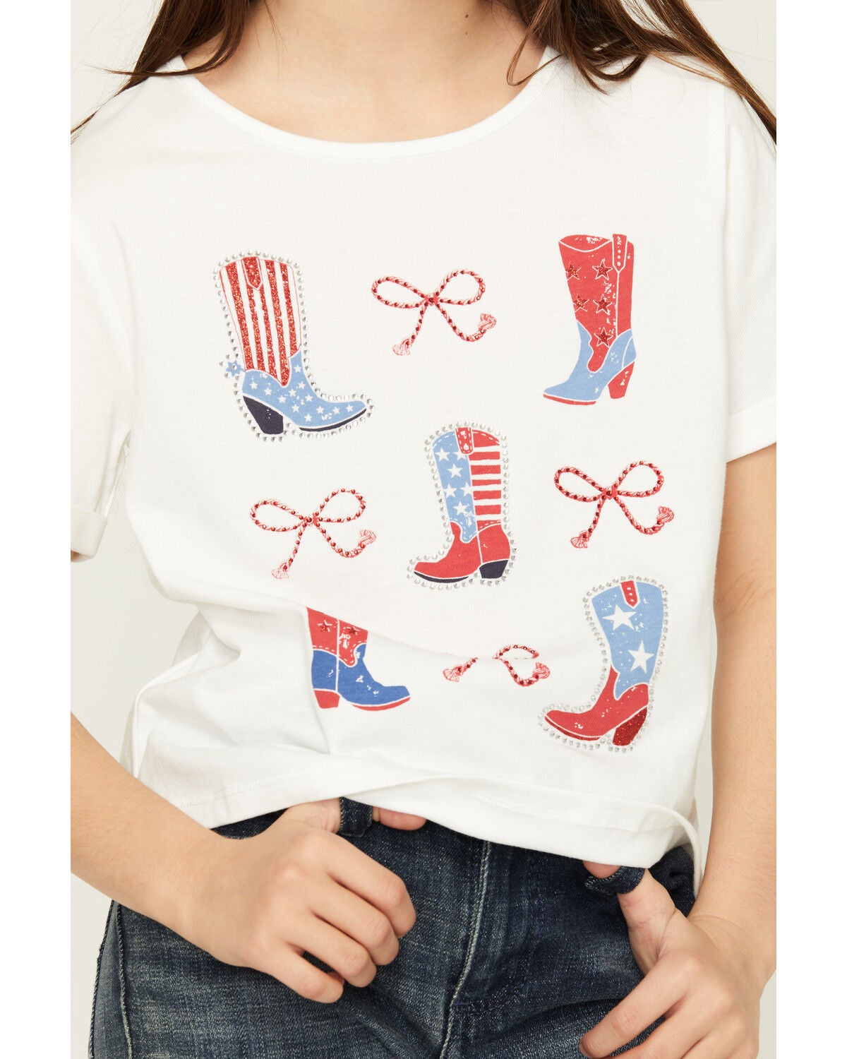 Image #3 - Buttercup Girls' Americana Embellished Boots Short Sleeve Graphic Tee, White, hi-res