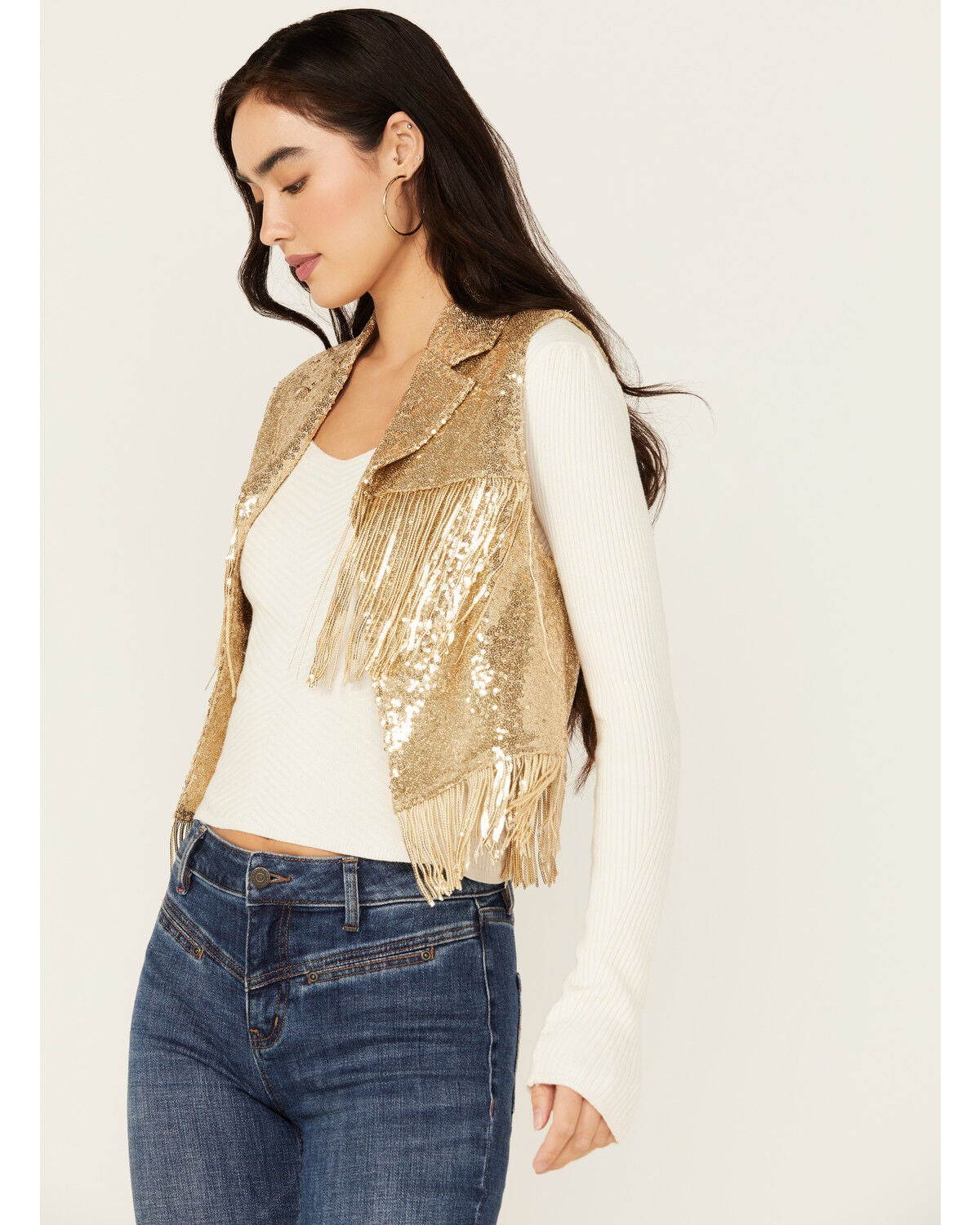 Image #1 - Saints & Hearts Women's Sequins Fringe Vest, Gold, hi-res