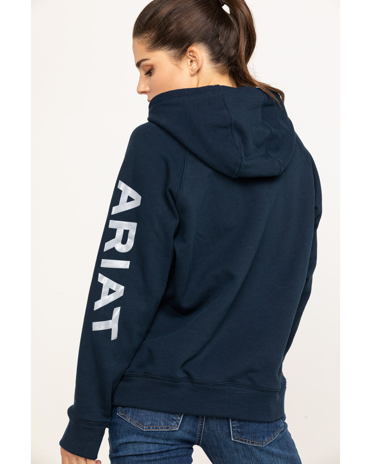 Image #2 - Ariat Women's FR Primo Fleece Logo Hooded Sweatshirt, Navy, hi-res