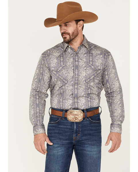 Rough Stock by Panhandle Men's Paisley Striped Long Sleeve Snap Western Shirt, Dark Grey, hi-res