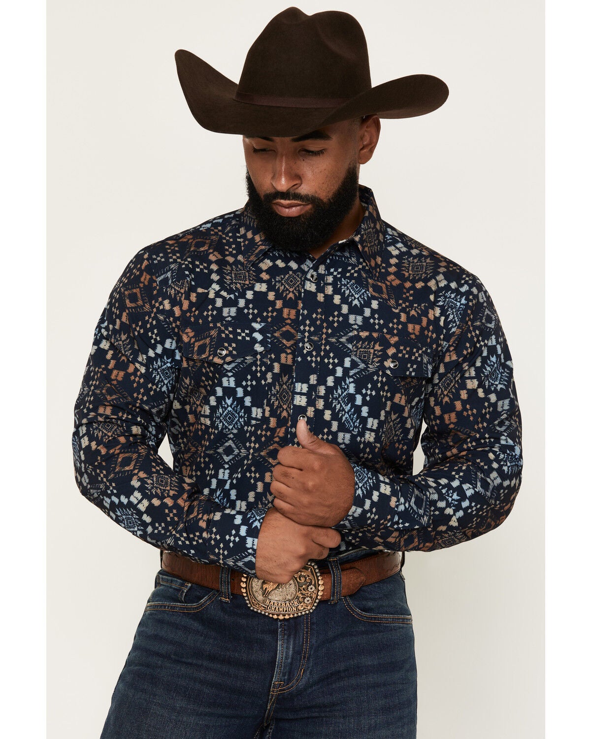 RANK 45&reg; Men's Rodeo Tech 2.0 Everglades Southwestern Print Long Sleeve Snap Stretch Performance Shirt, Navy, hi-res