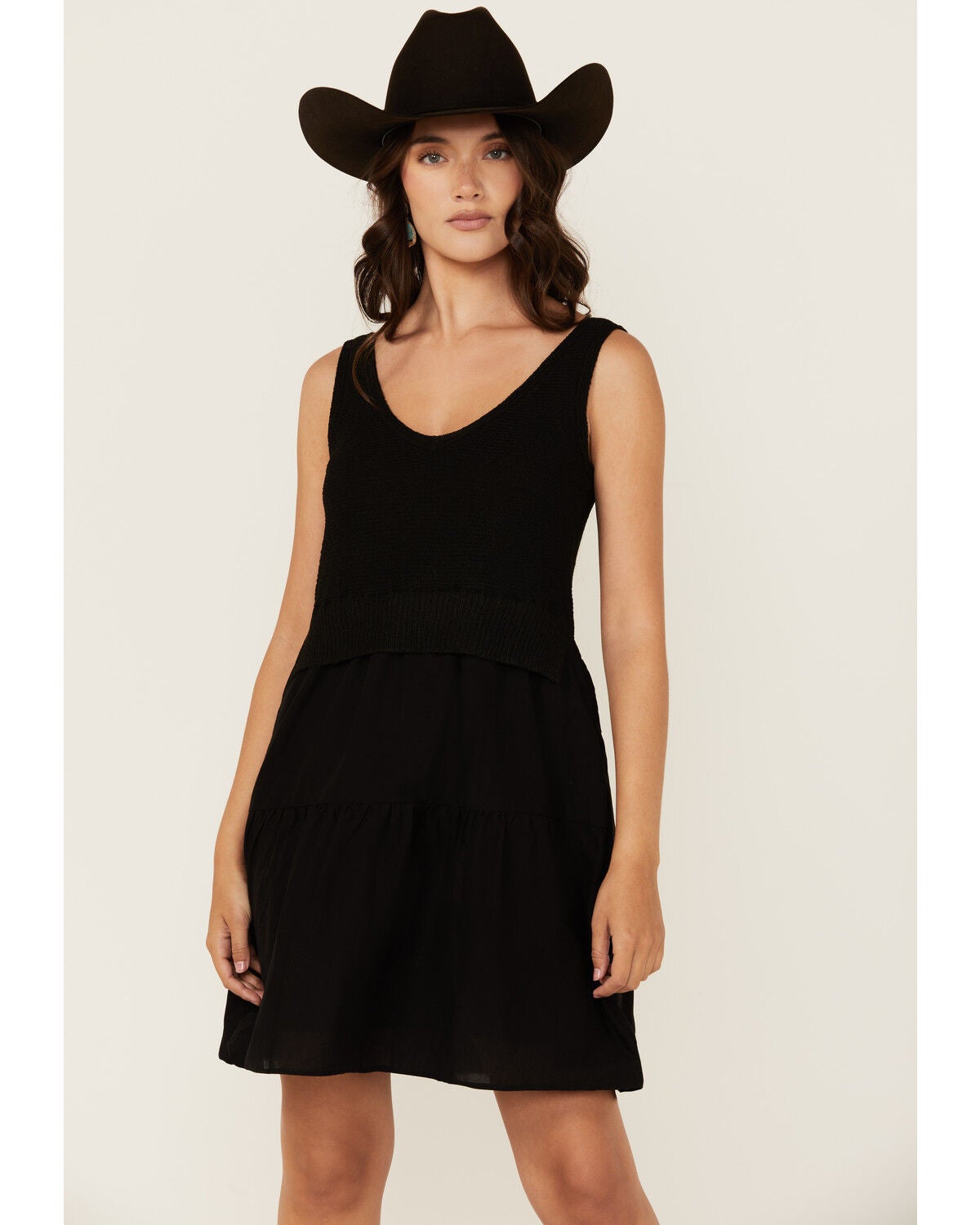 Revel Women's Knit Bodice Tiered Short Mini Dress, Black, hi-res
