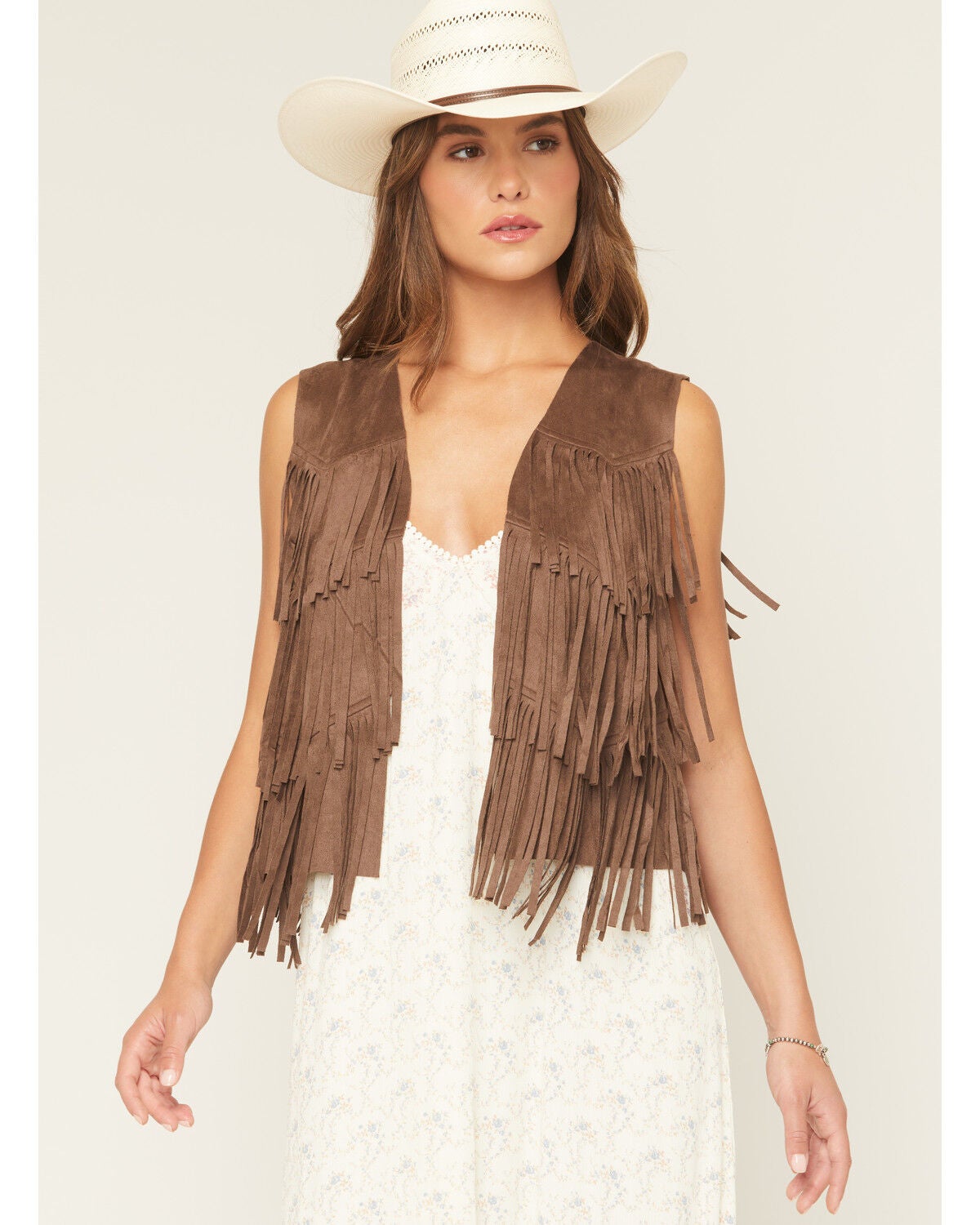 Vocal Women's Tiered Fringe Faux Suede Vest, Chocolate, hi-res