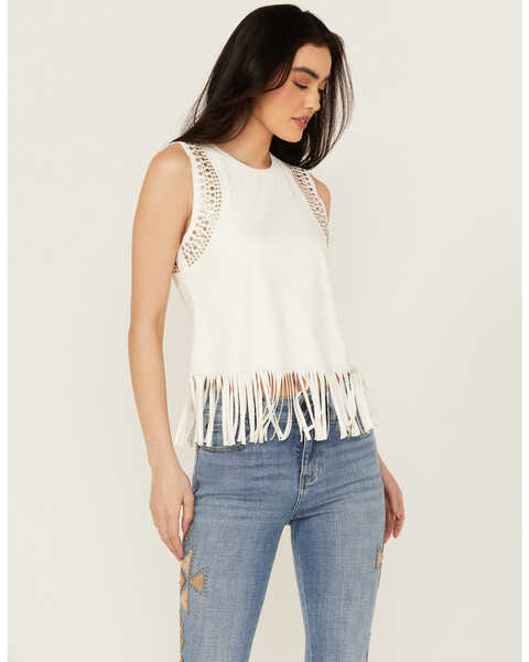 Idyllwind Women's Lillian Studded Fringe Faux Suede Tank Top , Ivory, hi-res