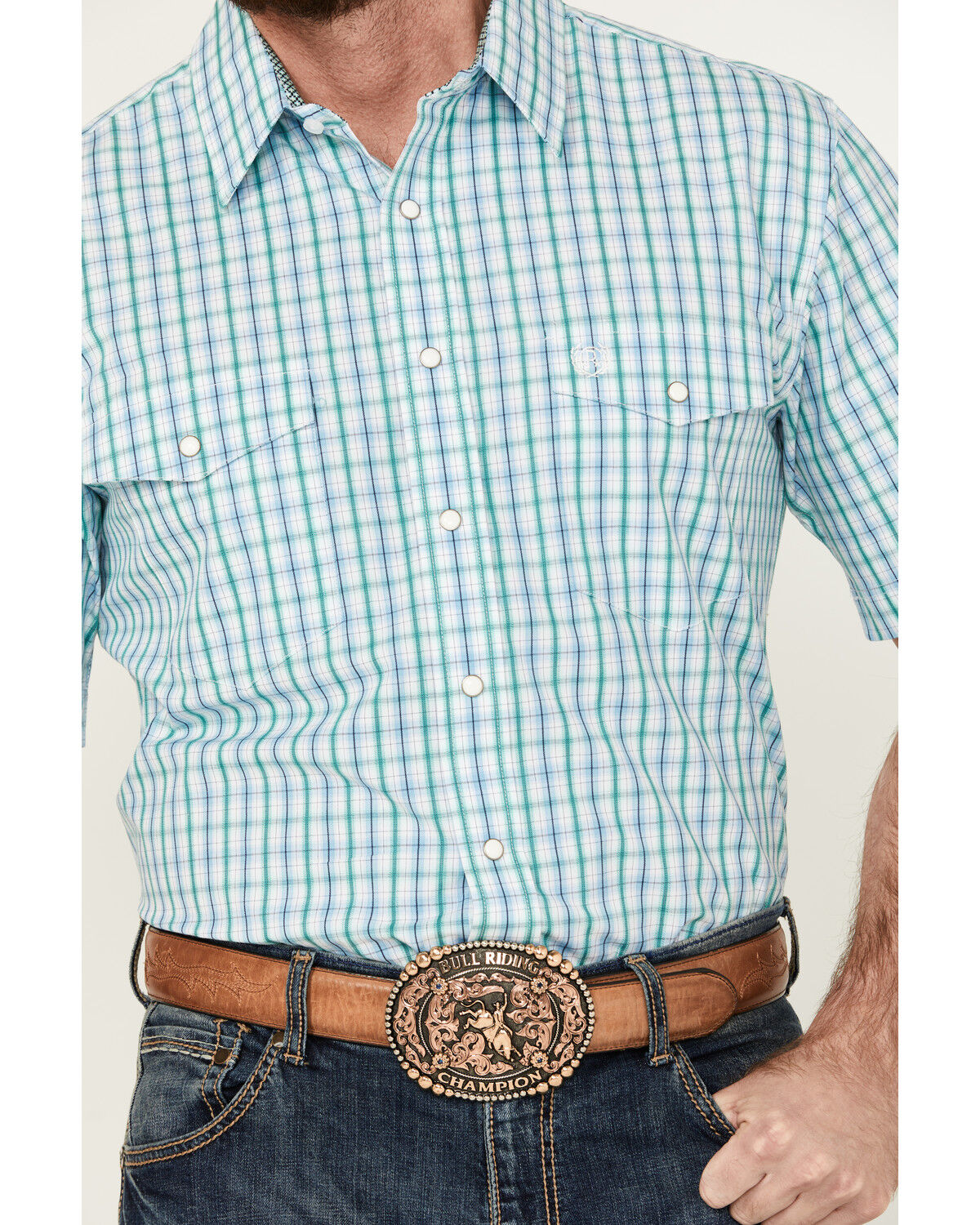 Image #3 - Panhandle Men's Plaid Print Short Sleeve Pearl Snap Western Shirt, Blue, hi-res