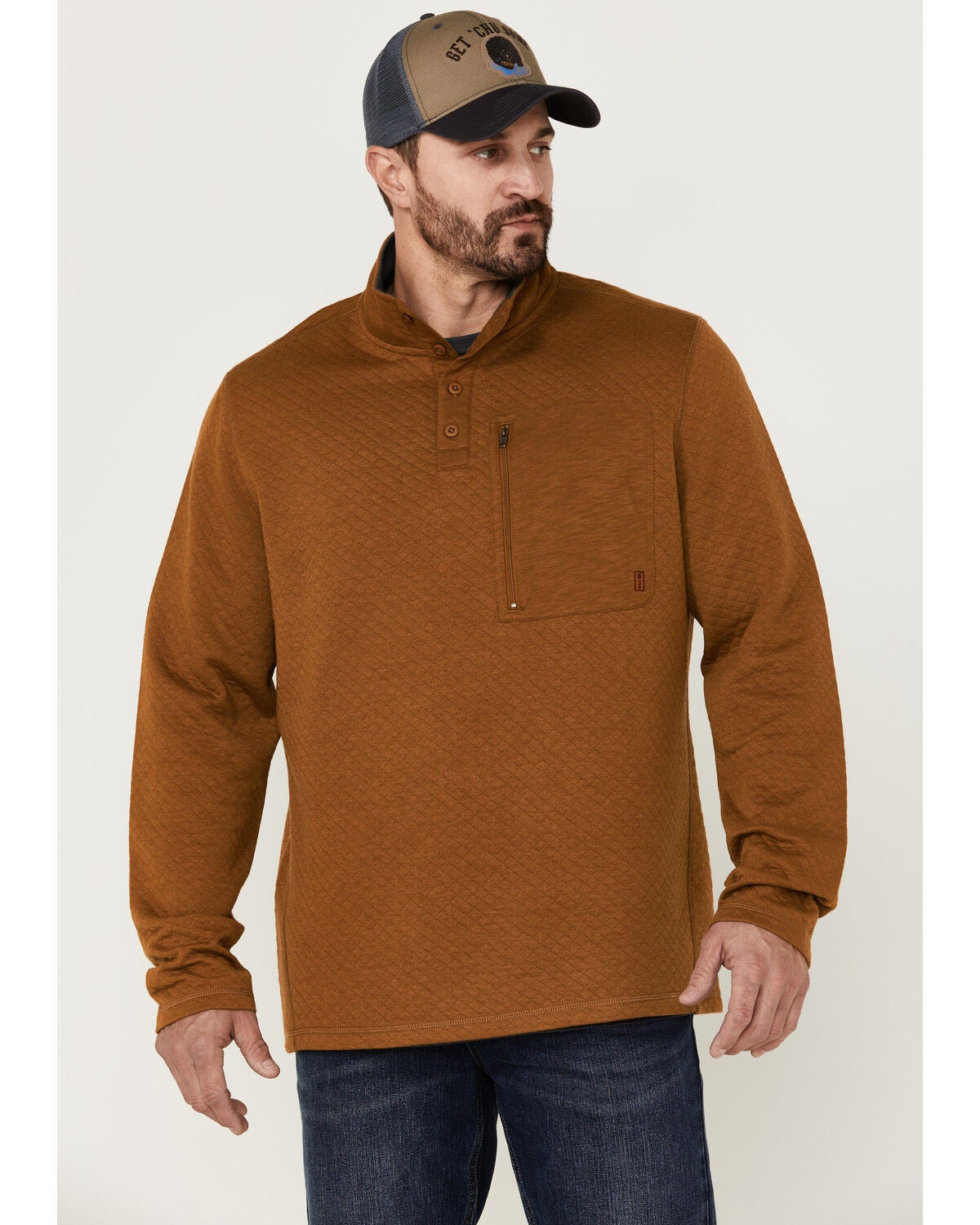 Brothers and Sons Men's Solid Quilt Weathered Mock 1/4 Button Front Pullover, Rust Copper, hi-res