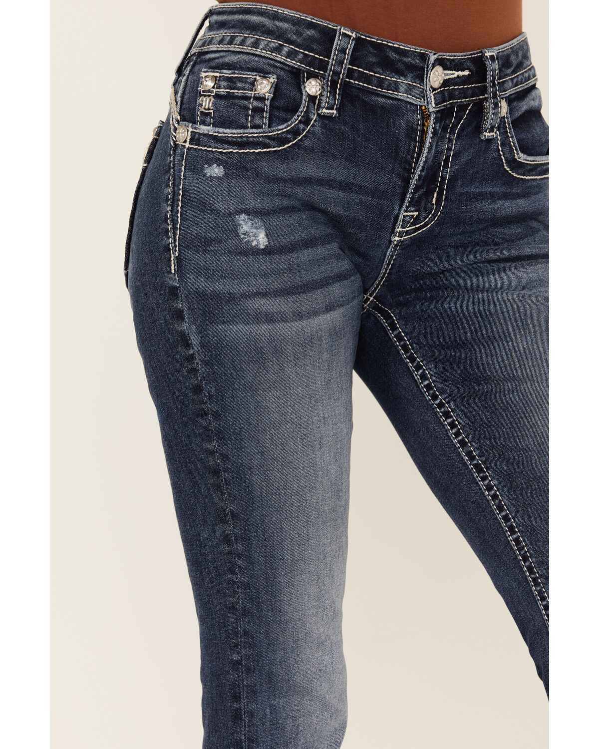Image #4 - Miss Me Women's Medium Wash Mid Rise Cowhide Pocket 32" Bootcut Stretch Denim Jeans, Medium Wash, hi-res