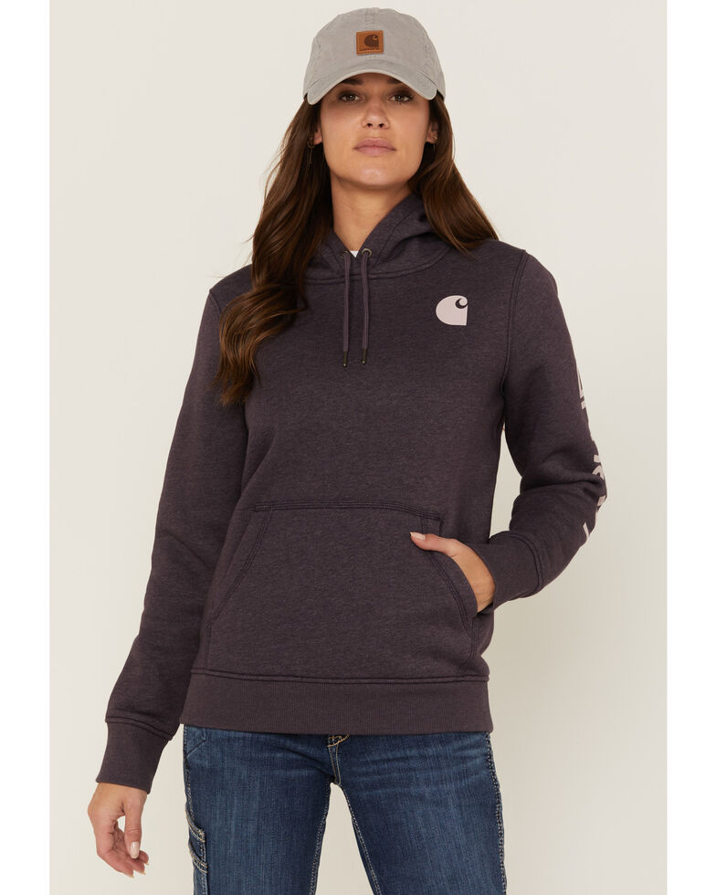 Carhartt Women's Grey Relaxed Midweight Logo Sleeve Graphic Hooded Sweatshirt , Purple, hi-res