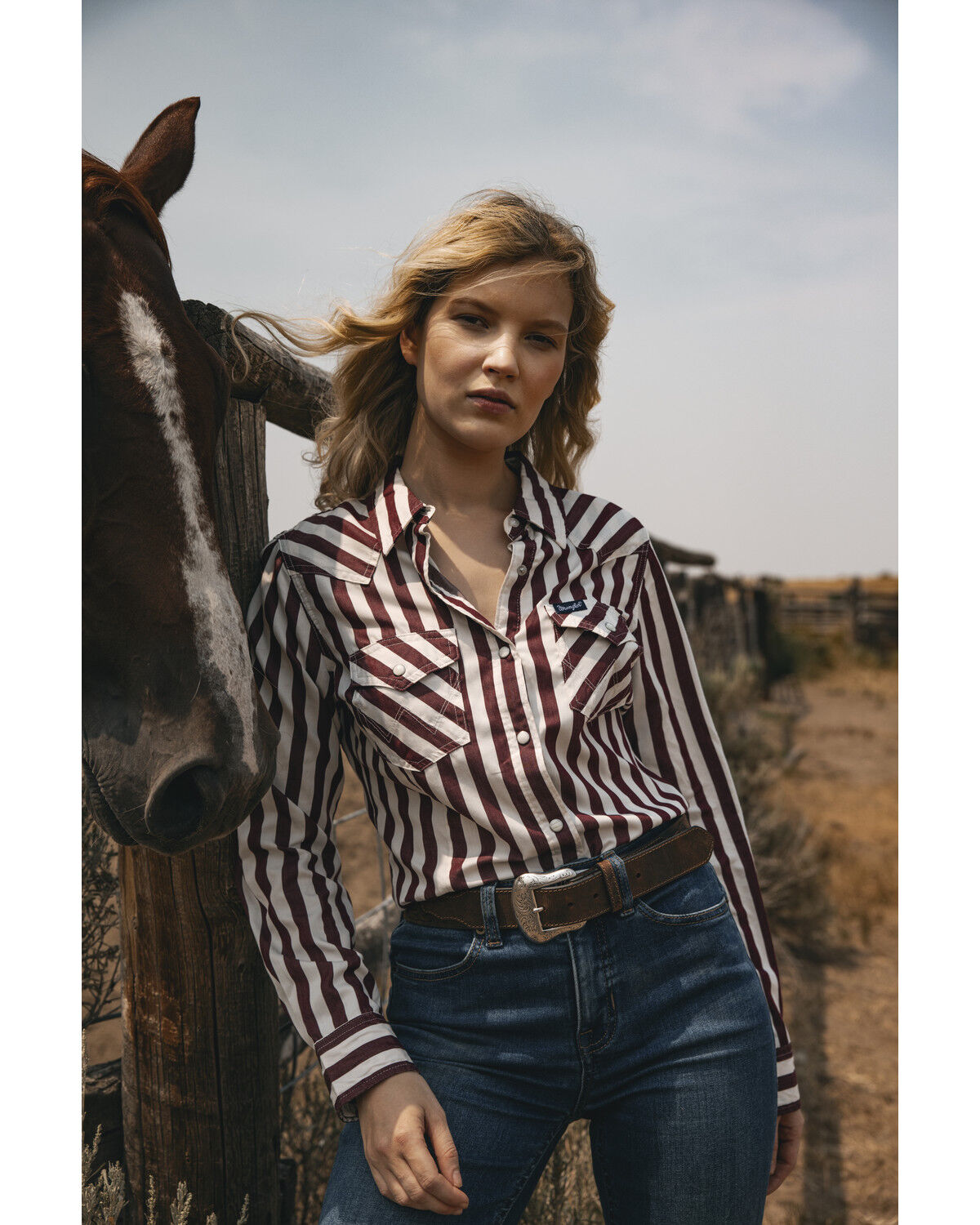 Image #1 - Wrangler Retro Women's Striped Long Sleeve Snap Western Shirt, Burgundy, hi-res