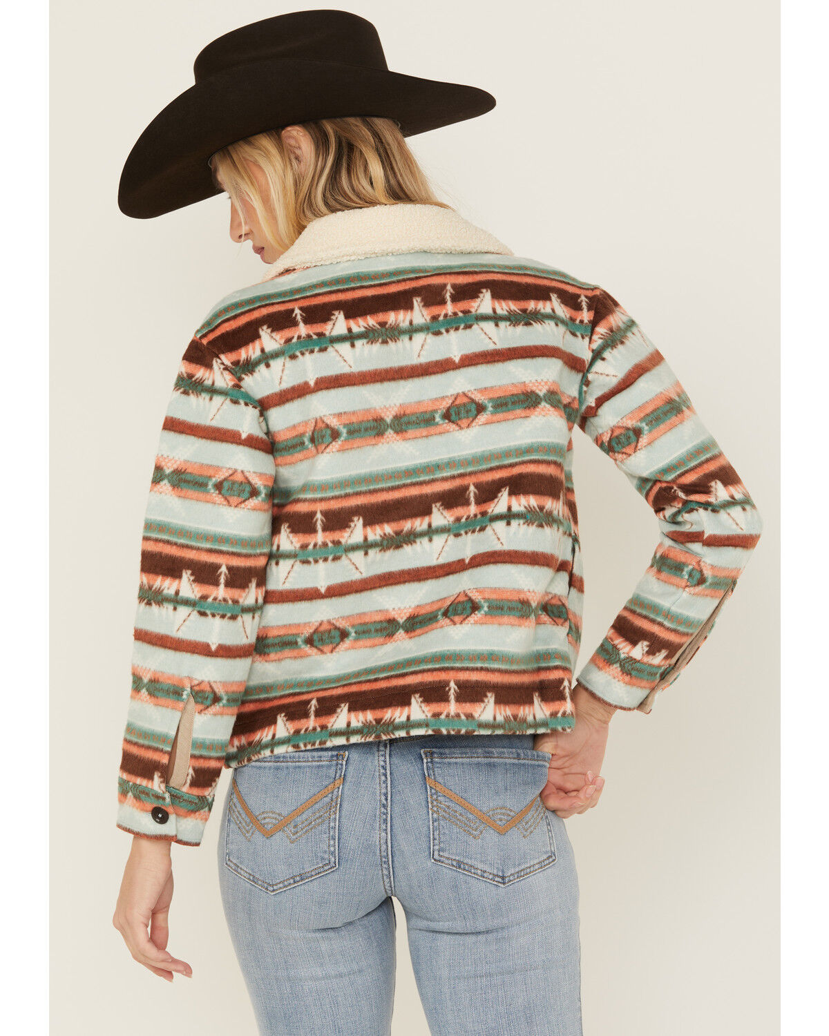 Image #4 - Rock & Roll Denim Women's Southwestern Print Sherpa Jacket, Blue, hi-res