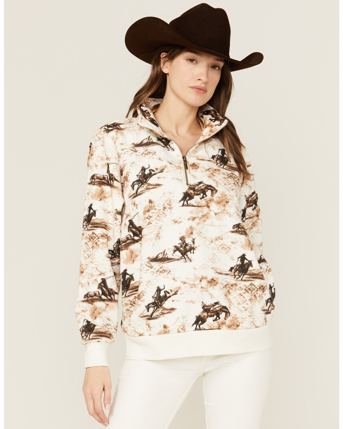 Image #1 - Wrangler Retro Women's Bronco Print 1/2 Zip Pullover, Cream, hi-res