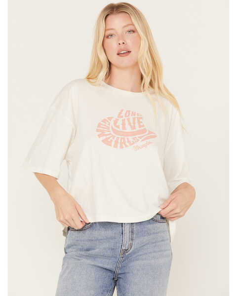 Image #1 - Wrangler Retro Women's Long Live Cowgirls Graphic Cropped Boxy Tee, Ivory, hi-res