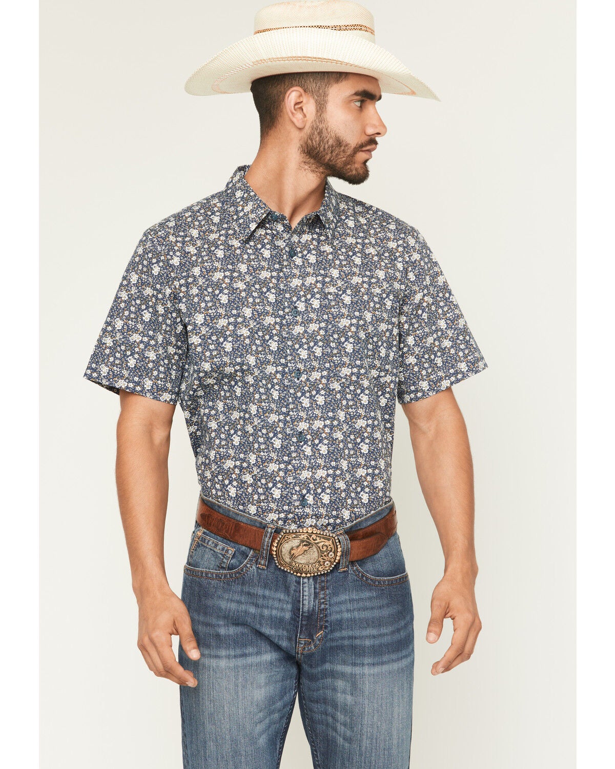 Gibson Trading Co Men's Scenic Route Floral Print Short Sleeve Button-Down Western Shirt, Navy, hi-res