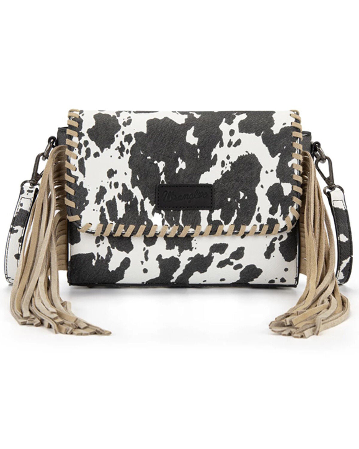 Wrangler Women's Cow Print Fringe Crossbody Bag, Coffee, hi-res
