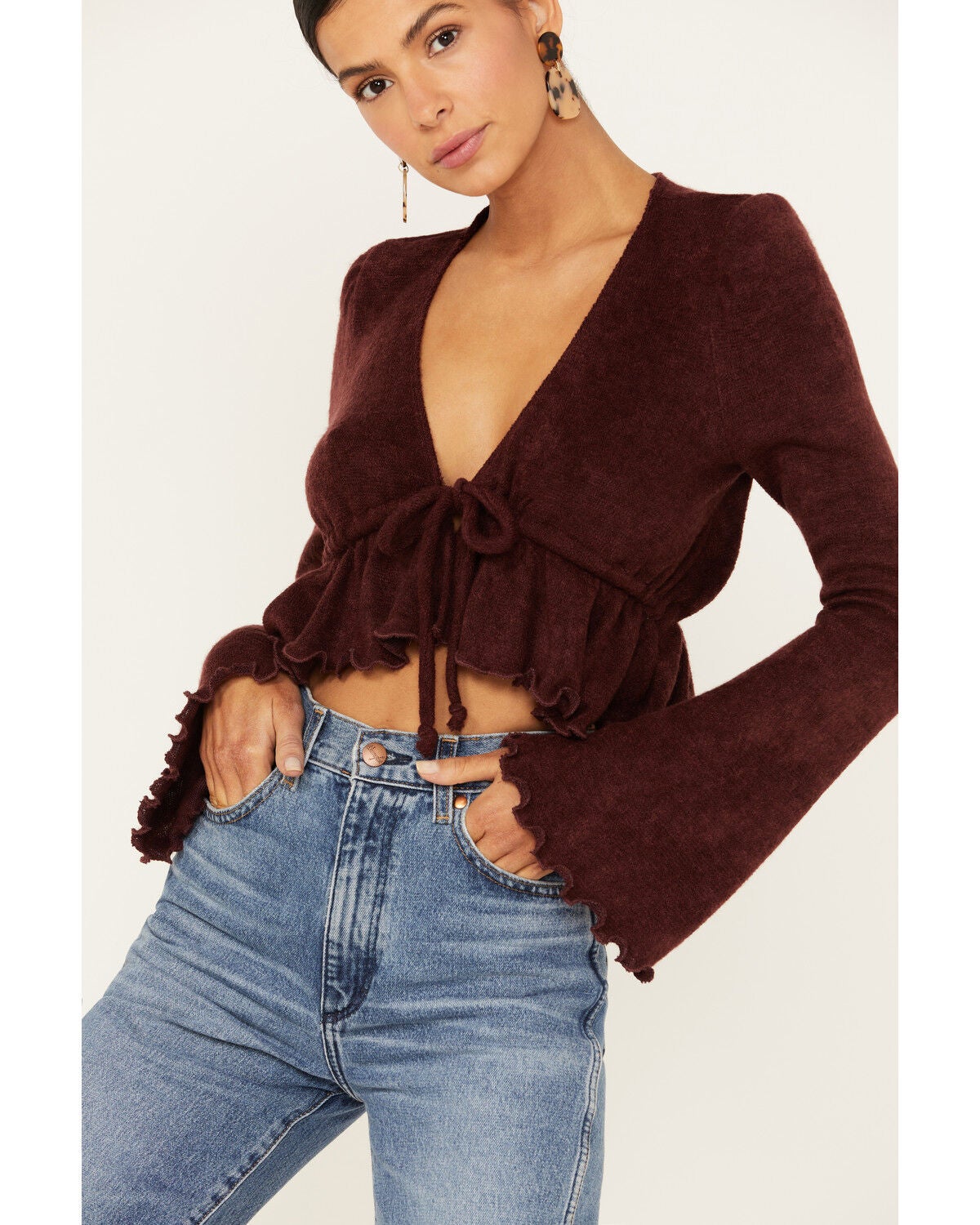 Wild Moss Women's Burgundy Tie Front Cropped Cardigan Sweater