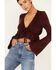 Wild Moss Women's Tie Front Cropped Cardigan Sweater, Burgundy, hi-res