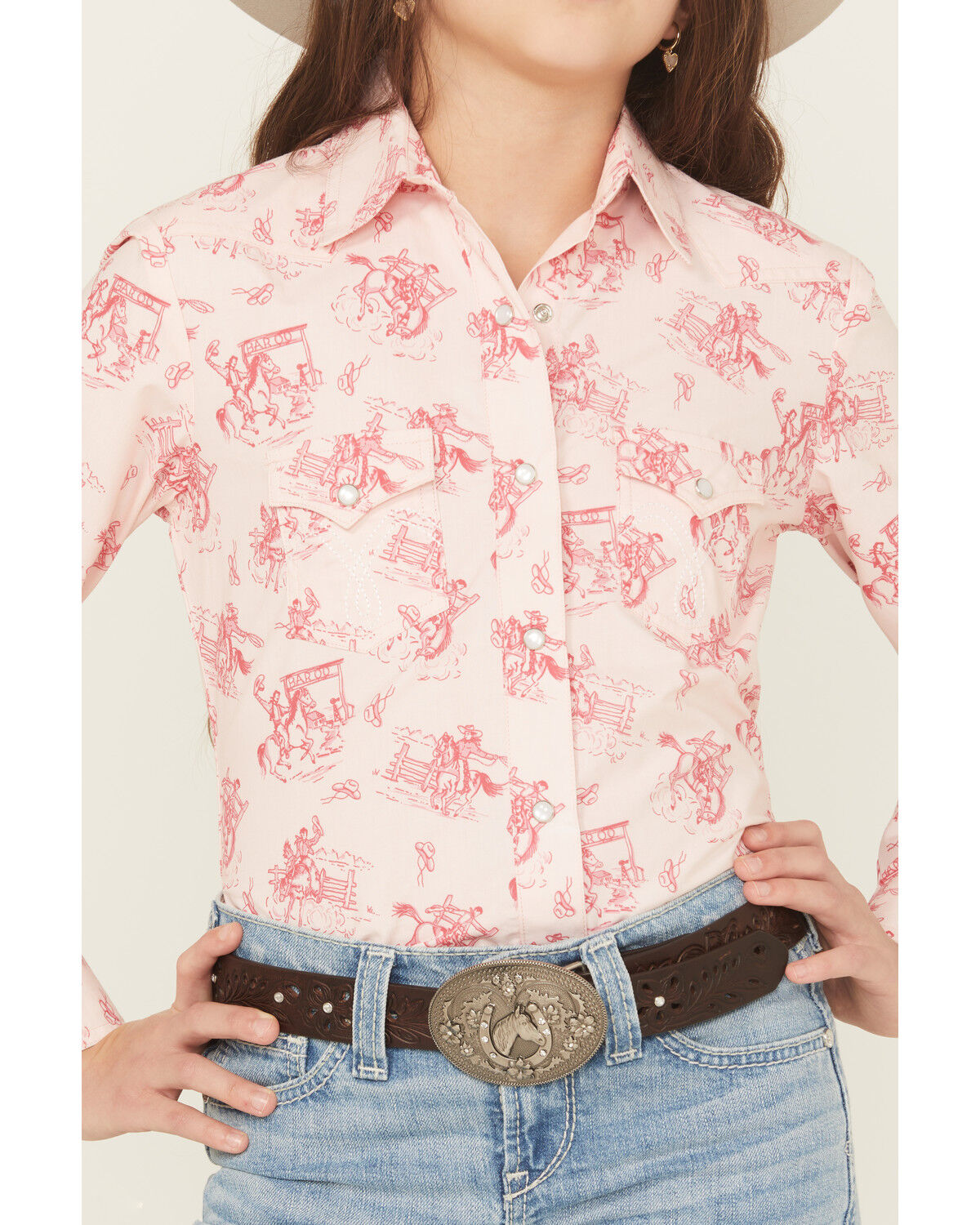 Image #3 - Panhandle Slim Girls' Conversation Print Long Sleeve Snap Western Shirt, Pink, hi-res