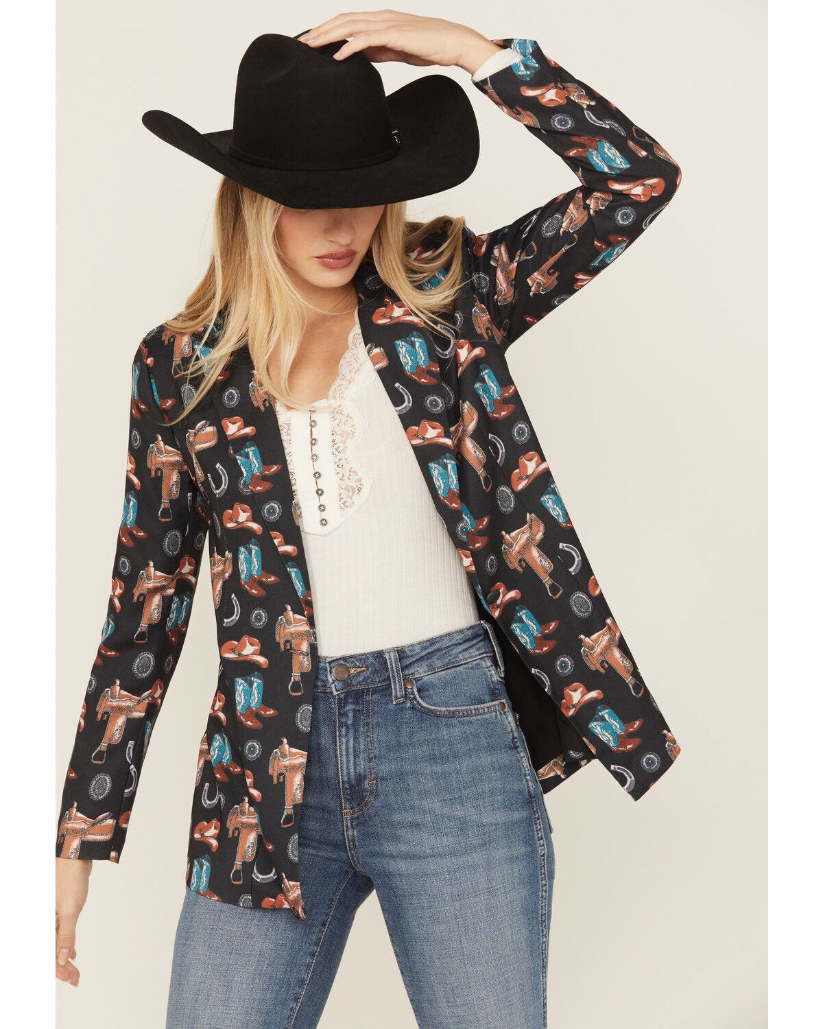 Rock & Roll Denim Women's Conversational Print Blazer, Black, hi-res