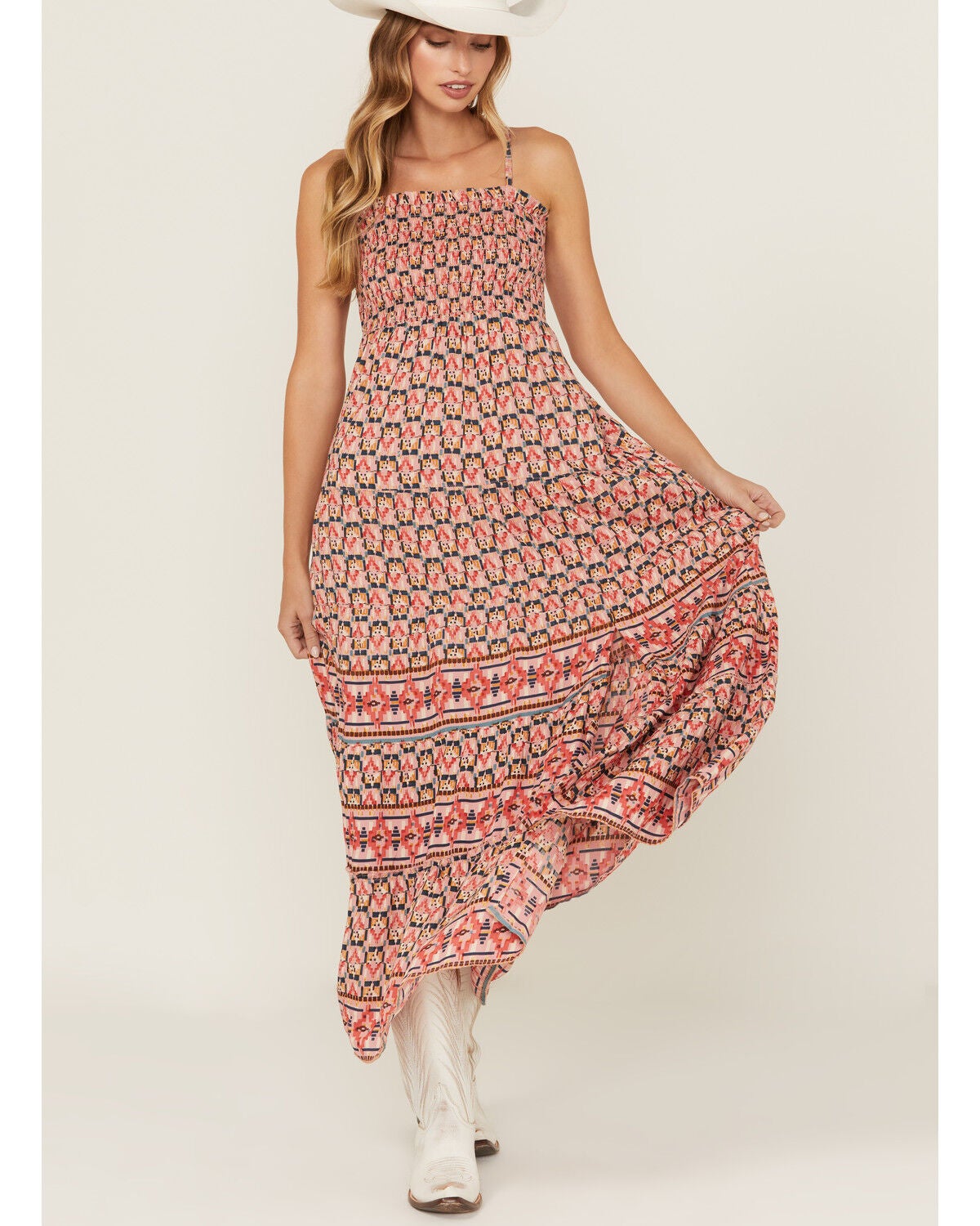 Angie Women's Printed Smocked Front Maxi Dress, Pink, hi-res