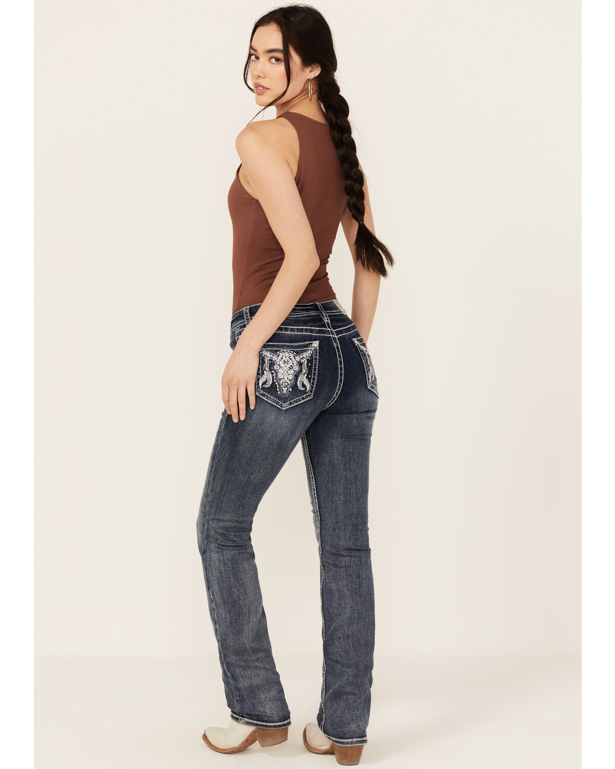 Image #1 - Grace In LA Women's Medium Wash Sequin Cow Skull Mid Rise Bootcut Stretch Denim Jeans, Medium Wash, hi-res