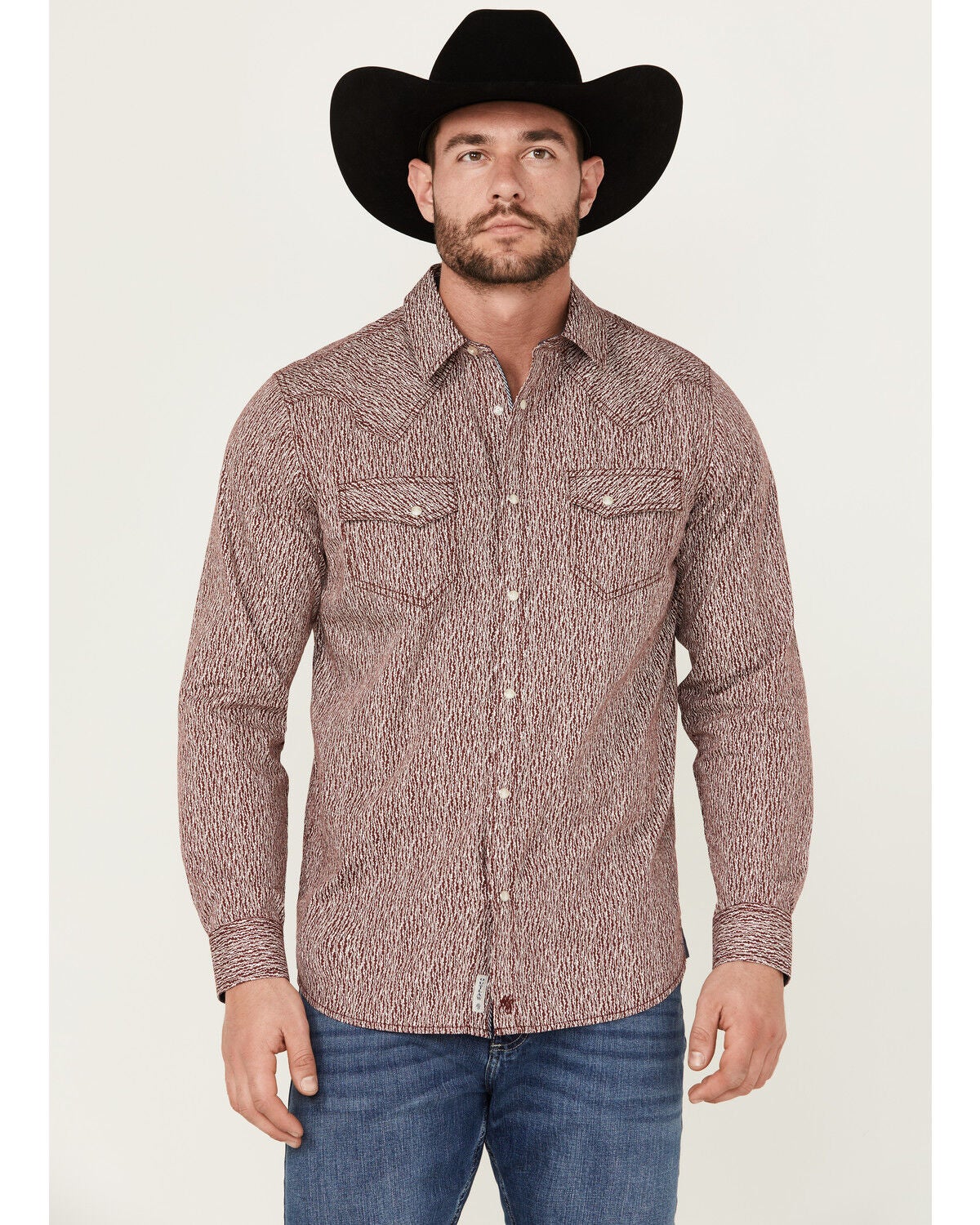 Moonshine Spirit&reg; Men's Album Printed Long Sleeve Pearl Snap Western Shirt, Burgundy, hi-res