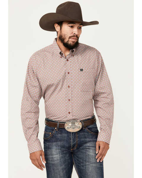 Image #1 - Cinch Men's Geo Print Long Sleeve Button-Down Western Shirt - Big , Burgundy, hi-res