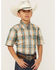 Roper Boys' Amarillo Plaid Print Short Sleeve Western Button Down Shirt, Tan, hi-res