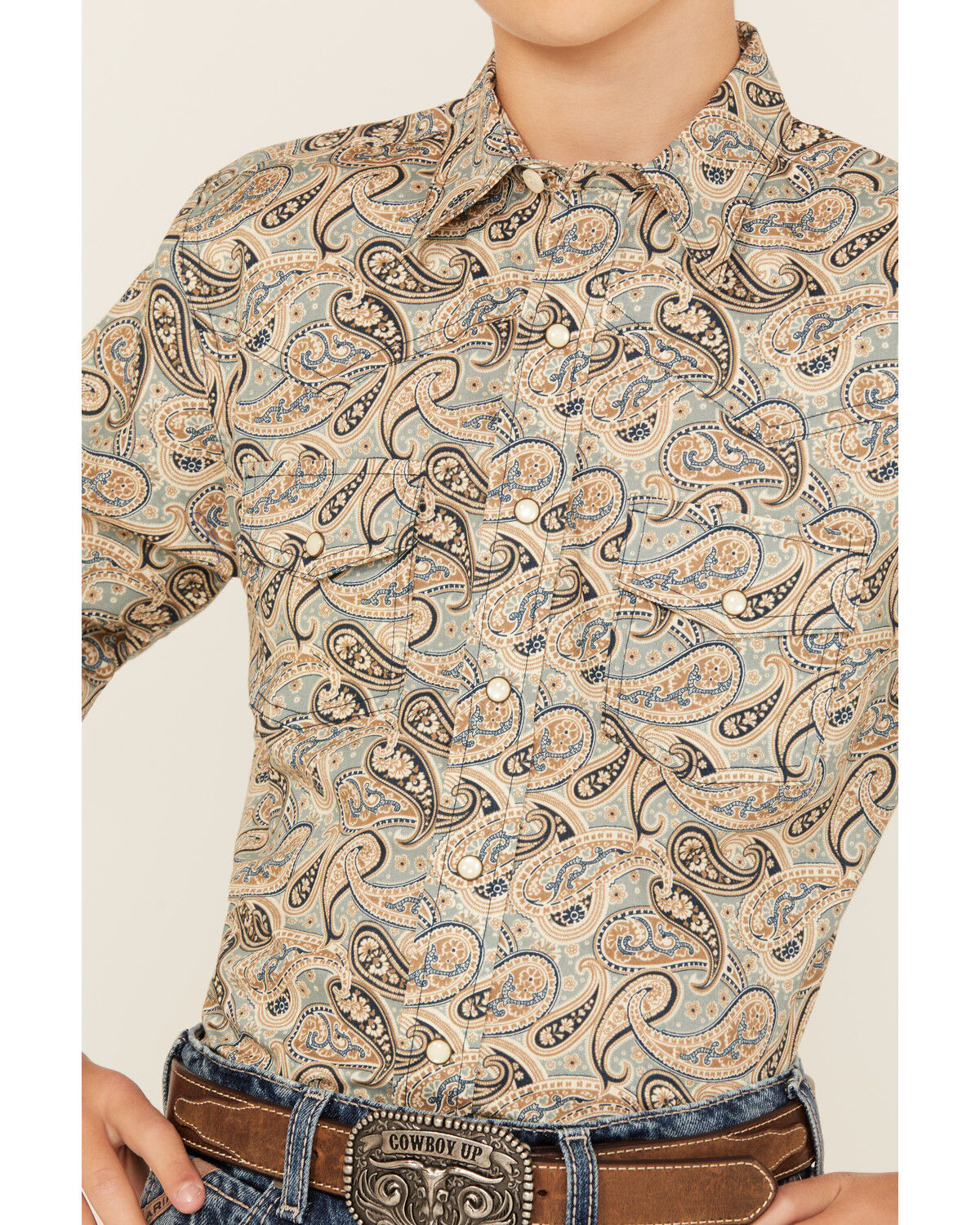 Image #3 - Cinch Boys' Paisley Print Long Sleeve Snap Western Shirt, Green, hi-res