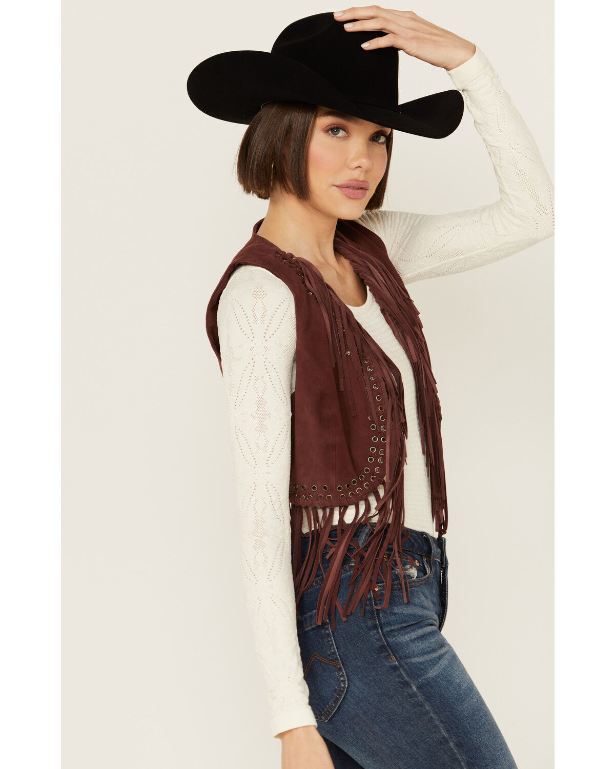 Image #2 - Shyanne Women's Short Fringe and Eyelet Suede Vest, Brown, hi-res