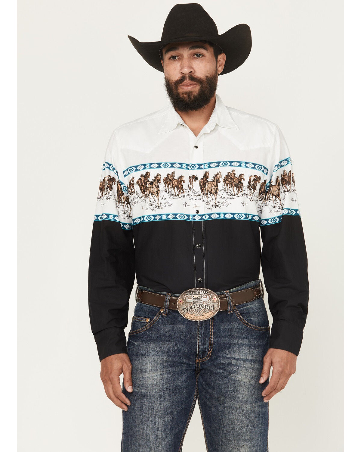 Roper Men's Horse Border Print Long Sleeve Snap Western Shirt, White, hi-res