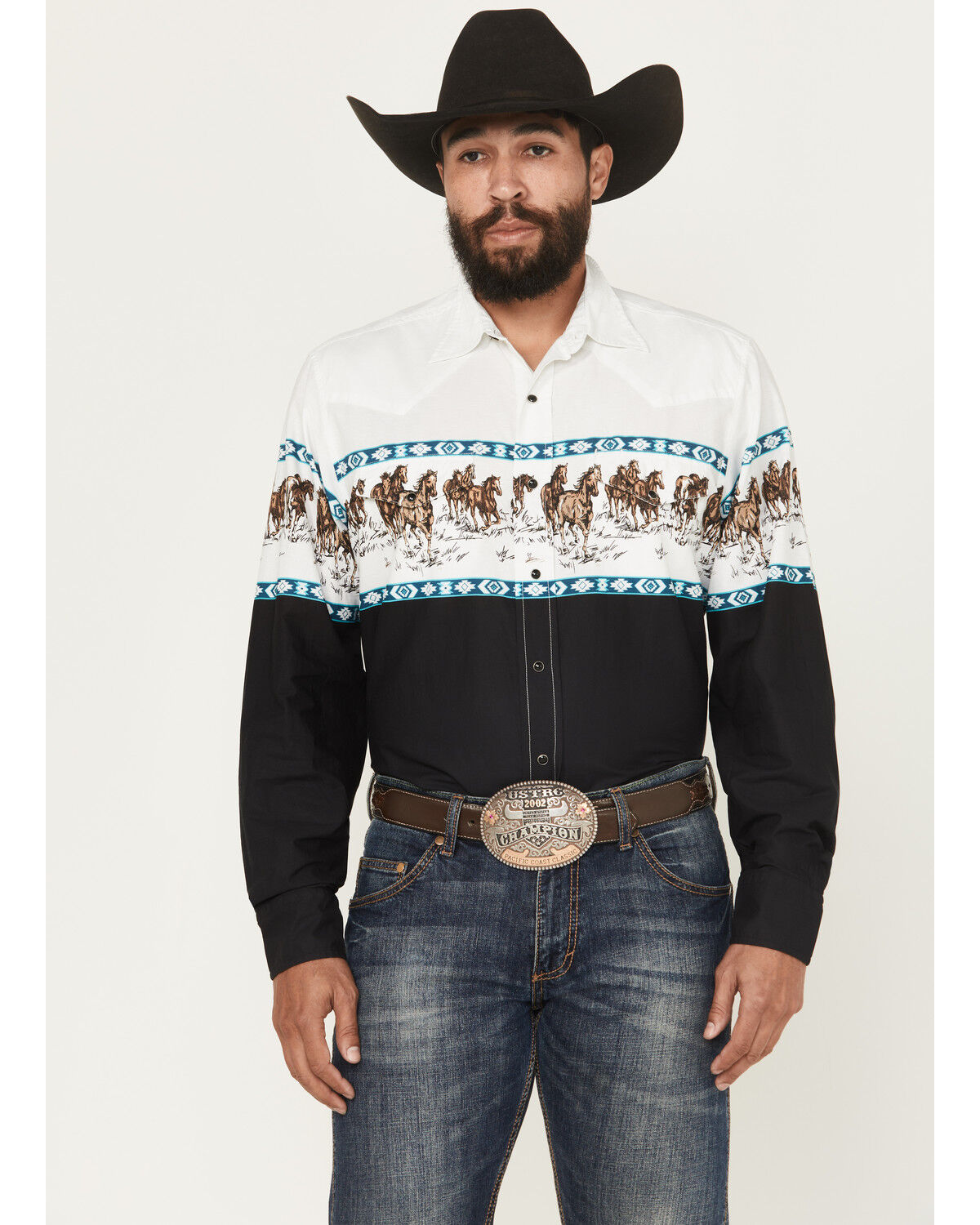 Image #1 - Roper Men's Horse Border Print Long Sleeve Snap Western Shirt, White, hi-res