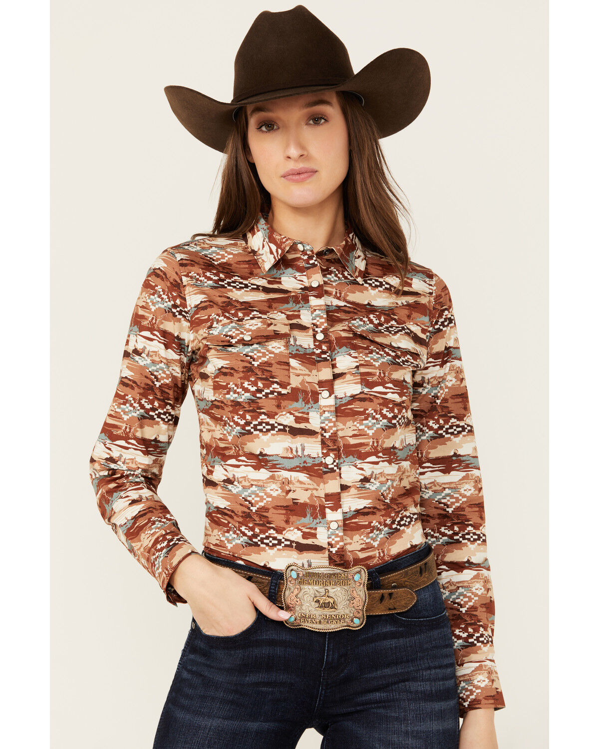 Image #1 - Shyanne Women's Cheyenne Desert Tossed Long Sleeve Snap Stretch Western Shirt, Lt Brown, hi-res