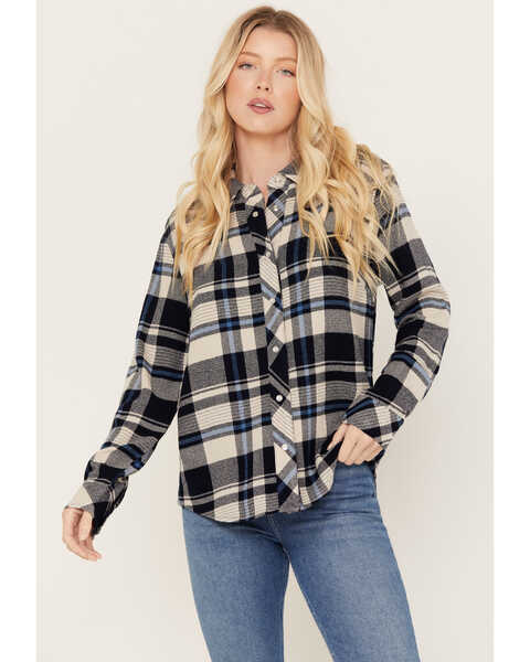 Image #1 - Idyllwind Women's Woodlands Feather Plaid Print Long Sleeve Pearl Snap Western Shirt, Slate, hi-res