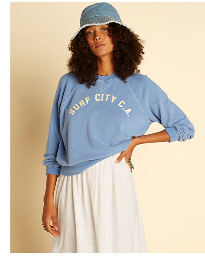 Billabong x Wrangler Women's On The Rise Surf City Graphic Sweatshirt, Blue, hi-res