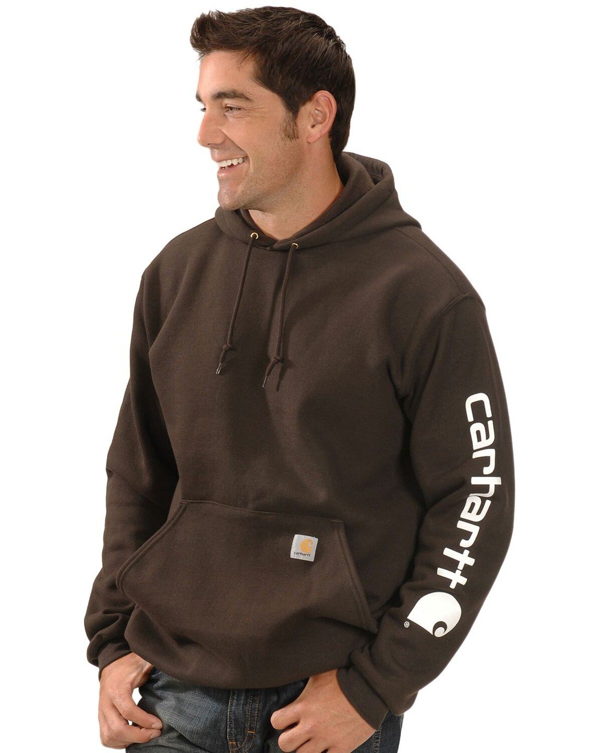 Image #1 - Carhartt Men's Loose Fit Midweight Logo Sleeve Graphic Hooded Sweatshirt - Big & Tall, Brown, hi-res