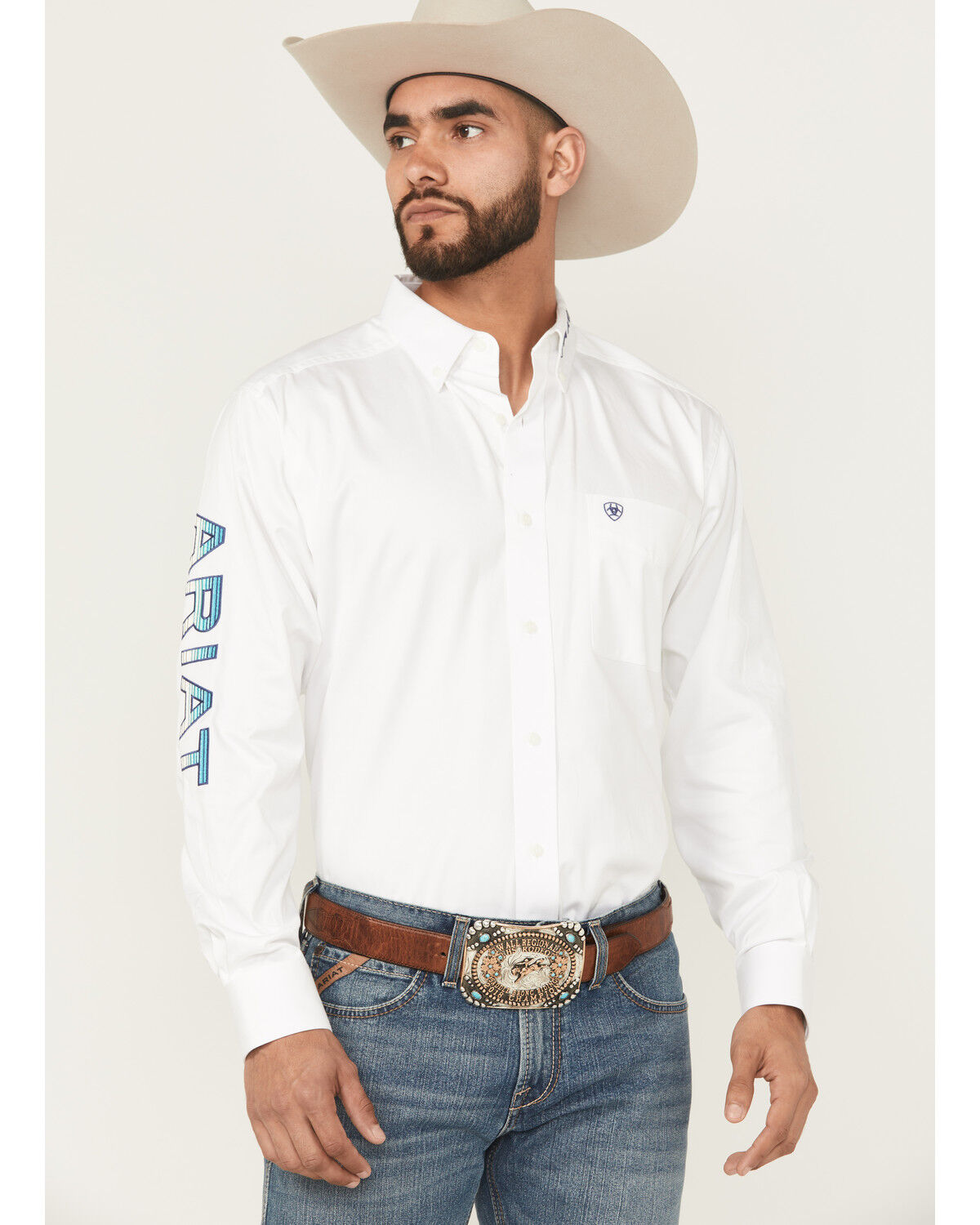 Image #1 - Ariat Men's Team Logo Solid Long Sleeve Button-Down Western Shirt, White, hi-res