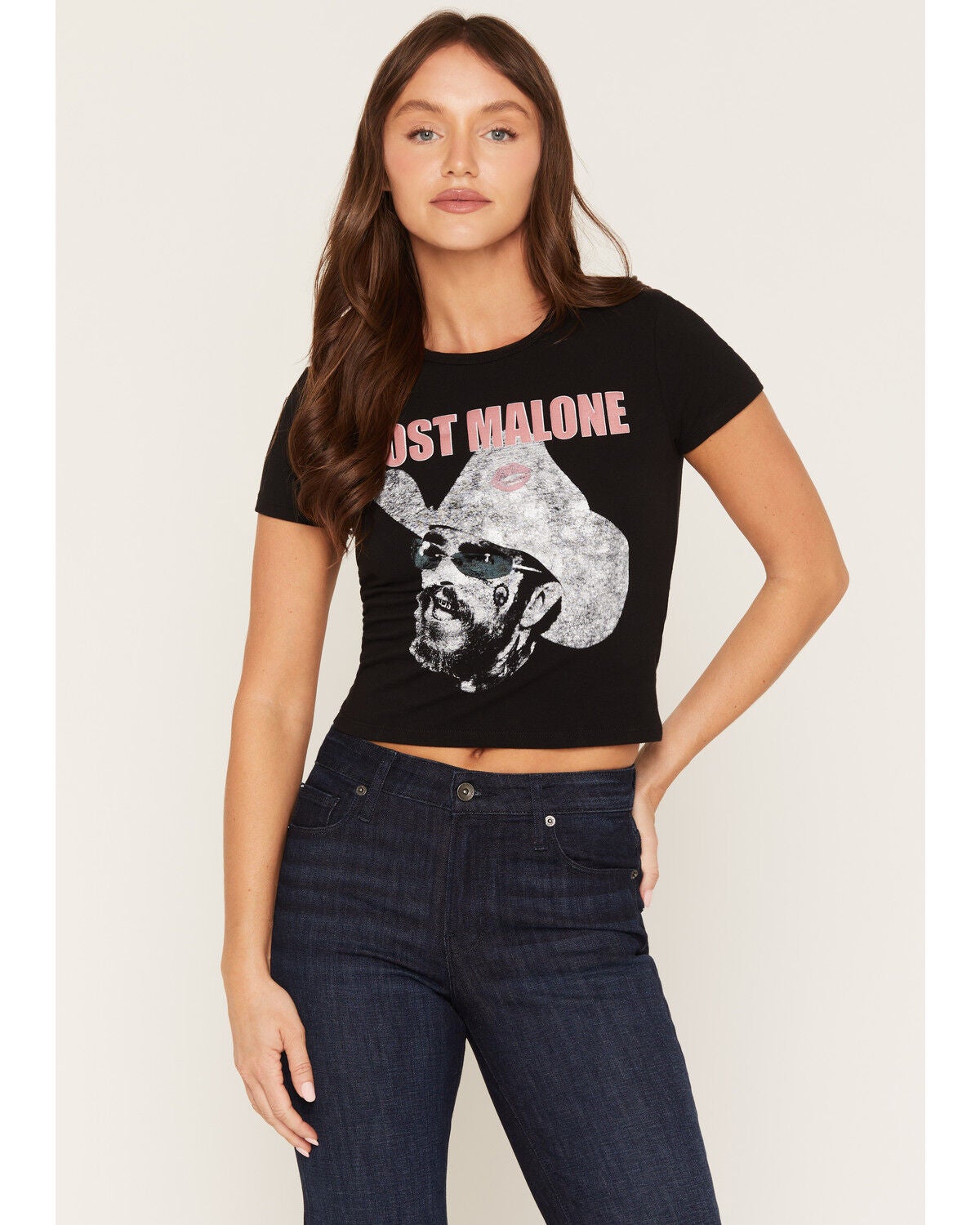 Post Malone Women's Face Short Sleeve Graphic Baby Tee, Black, hi-res