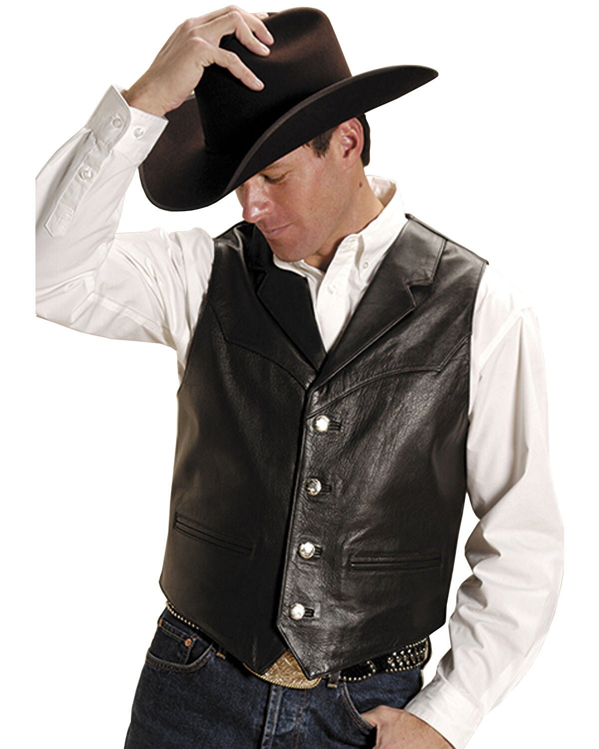 Roper Men's Nappa Notched Collar Leather Vest, Brown, hi-res